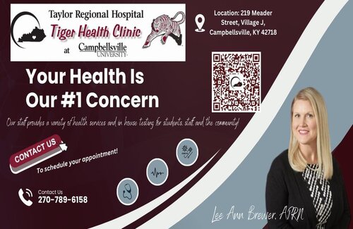 Picture of an ad showing an outline of the state of KY and a tiger icon.
Taylor Regional Hospital
Tiger Health Clinic at Campbellsville University