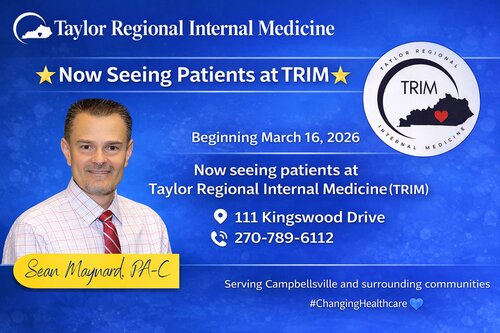 Sean Maynard PA-C and taylor regional logo on blue background