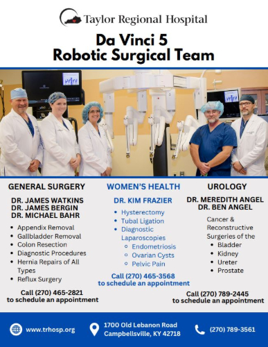Image of the robotic surgical team with the da Vinci 5 device call 270-465-2821 to schedule an appointment.